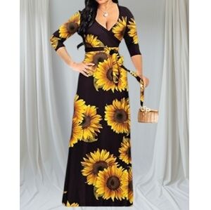 Sunflower Print Black Maxi Dress